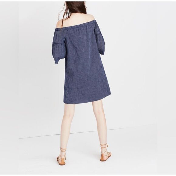 Madewell Off The Shoulder Pin Stripe Bell Sleeve Dress Size 4 Blue Minimal - Picture 2 of 11